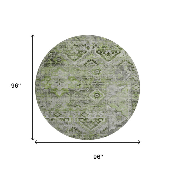 HomeRoots 8' Washable Round Area Rug in Artichoke Green & Gray Floral Design with UV Protection & Durability 696449
