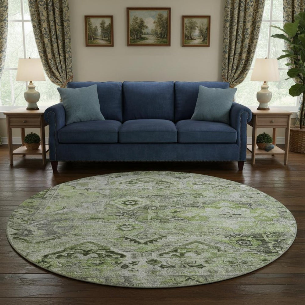 HomeRoots 8' Washable Round Area Rug in Artichoke Green & Gray Floral Design with UV Protection & Durability 696449