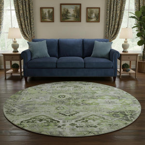 HomeRoots 8' Washable Round Area Rug in Artichoke Green & Gray Floral Design with UV Protection & Durability 696449
