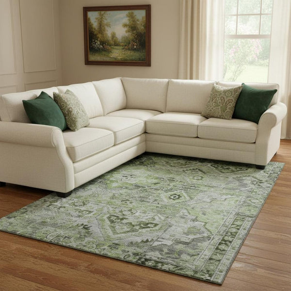 HomeRoots 8' X 10' Elegant Artichoke Green Floral Area Rug – Stain Resistant, UV Protected, Perfect for Any Room 696450