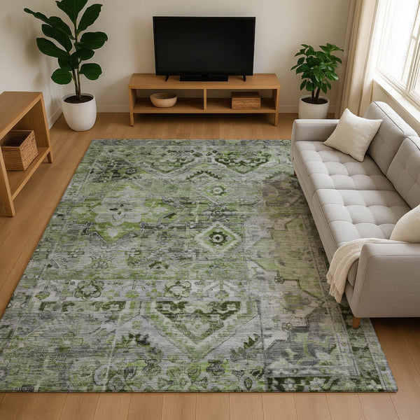 HomeRoots 8' X 10' Elegant Artichoke Green Floral Area Rug – Stain Resistant, UV Protected, Perfect for Any Room 696450
