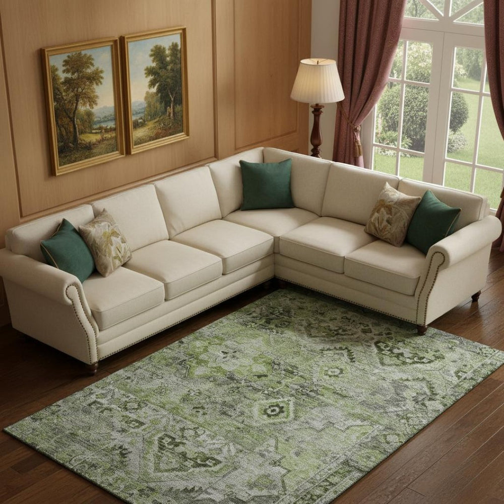 HomeRoots 9' X 12' Artichoke Green Gray Floral Washable Area Rug – Durable, Stain Resistant, UV Protected Charm 696451