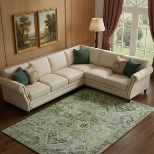 HomeRoots 9' X 12' Artichoke Green Gray Floral Washable Area Rug – Durable, Stain Resistant, UV Protected Charm 696451