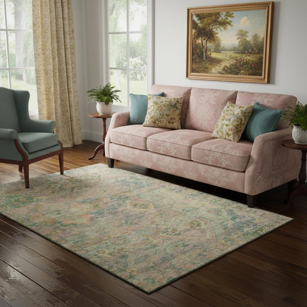 HomeRoots 5' X 8' Vibrant Floral Washable Area Rug in Green, Teal & Orange - UV Protection for Busy Homes! 696454