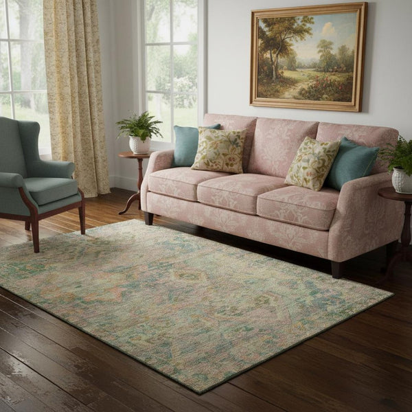 HomeRoots 5' X 8' Vibrant Floral Washable Area Rug in Green, Teal & Orange - UV Protection for Busy Homes! 696454