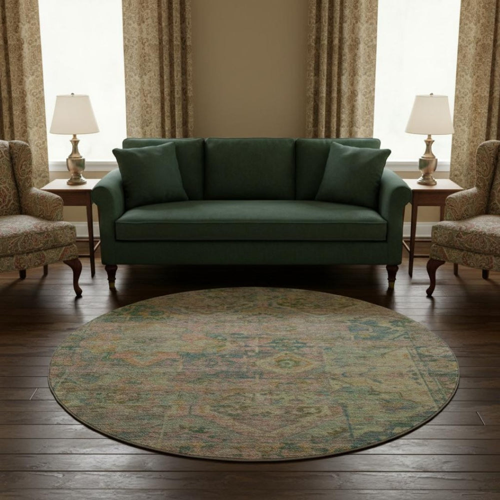 HomeRoots 8' Vibrant Green Teal and Orange Floral Washable Round Rug with UV Protection for Busy Homes 696455