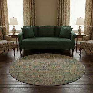 HomeRoots 8' Vibrant Green Teal and Orange Floral Washable Round Rug with UV Protection for Busy Homes 696455