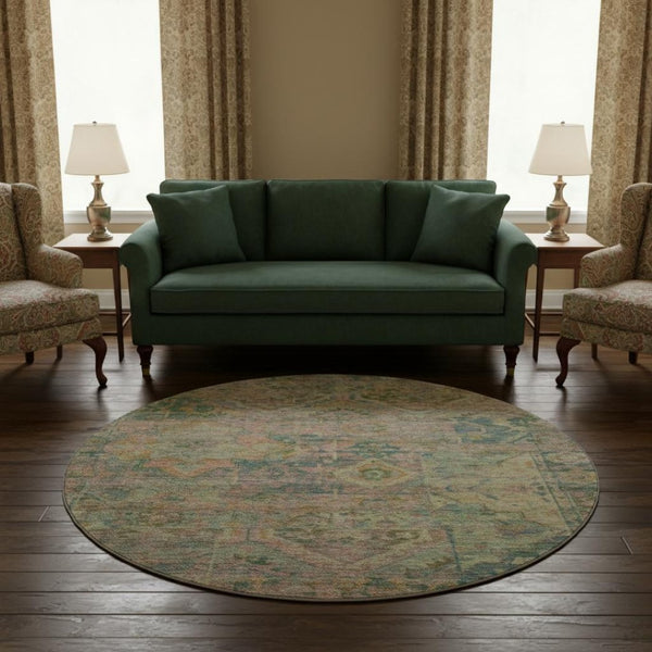 HomeRoots 8' Vibrant Green Teal and Orange Floral Washable Round Rug with UV Protection for Busy Homes 696455