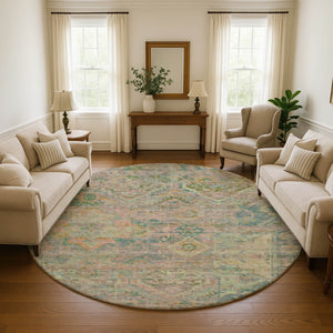 HomeRoots 8' Vibrant Green Teal and Orange Floral Washable Round Rug with UV Protection for Busy Homes 696455