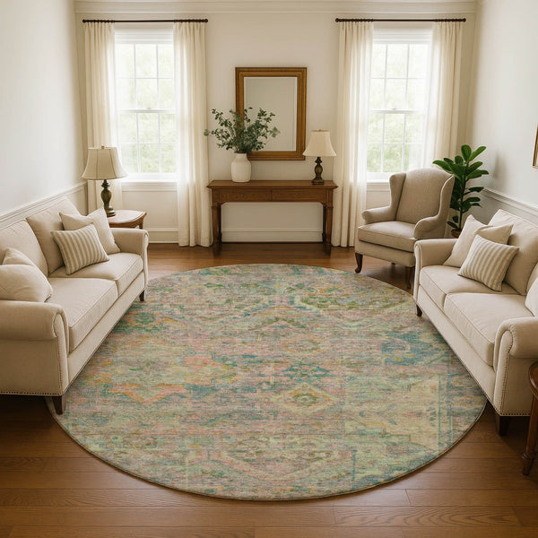 HomeRoots 8' Vibrant Green Teal and Orange Floral Washable Round Rug with UV Protection for Busy Homes 696455