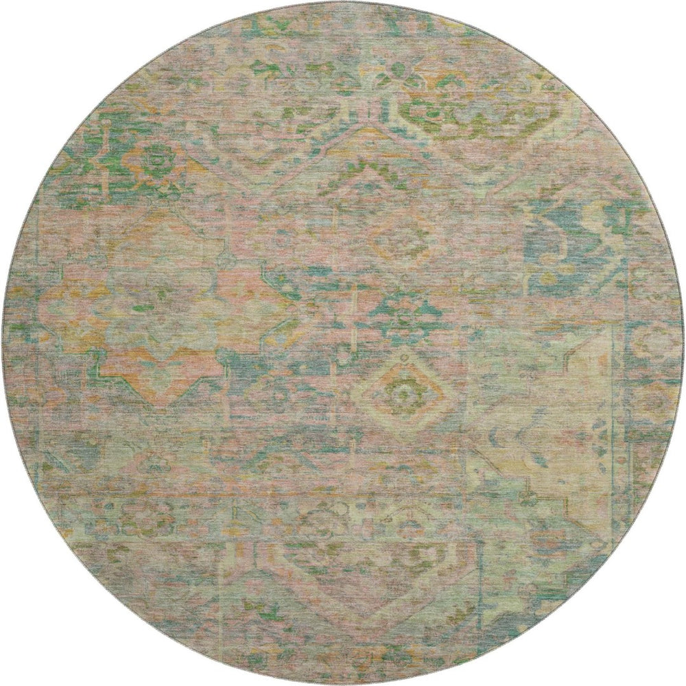 HomeRoots 8' Vibrant Green Teal and Orange Floral Washable Round Rug with UV Protection for Busy Homes 696455