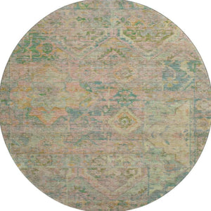 HomeRoots 8' Vibrant Green Teal and Orange Floral Washable Round Rug with UV Protection for Busy Homes 696455