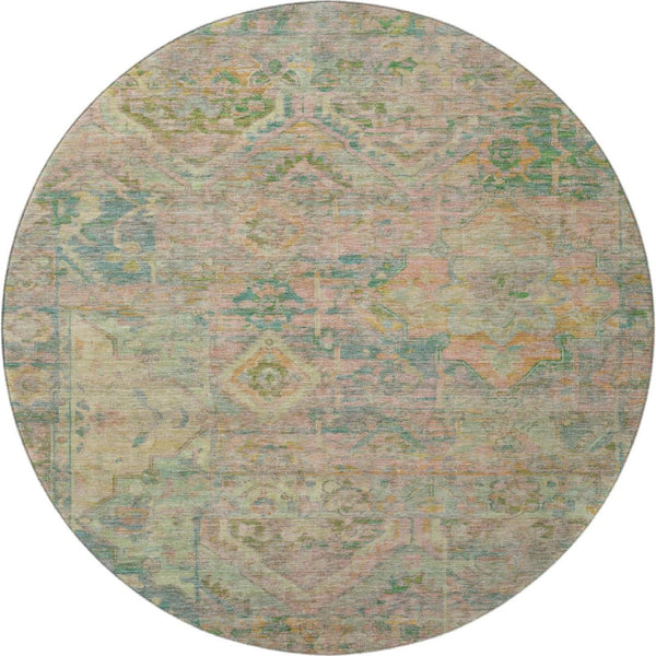 HomeRoots 8' Vibrant Green Teal and Orange Floral Washable Round Rug with UV Protection for Busy Homes 696455