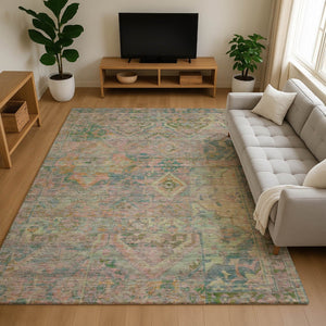 HomeRoots 8' X 10' Floral Area Rug in Green, Teal & Orange - Stain Resistant, UV Protected, Machine Washable! 696456