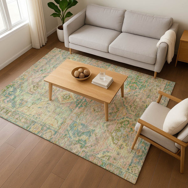 HomeRoots 8' X 10' Floral Area Rug in Green, Teal & Orange - Stain Resistant, UV Protected, Machine Washable! 696456
