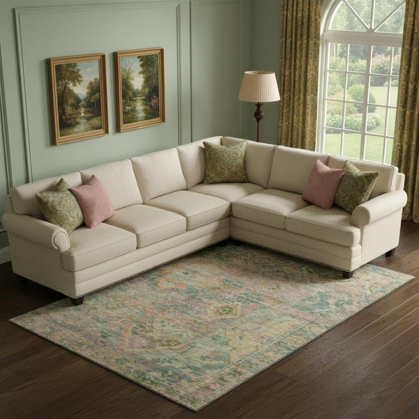HomeRoots 9' X 12' Floral Area Rug in Green, Teal & Orange - Washable, UV Protected, Family-Friendly Design 696457