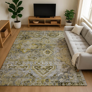 HomeRoots 5' X 8' Elegant Pewter Gold Silver Floral Washable Area Rug with UV Protection & Stain Resistance 696460