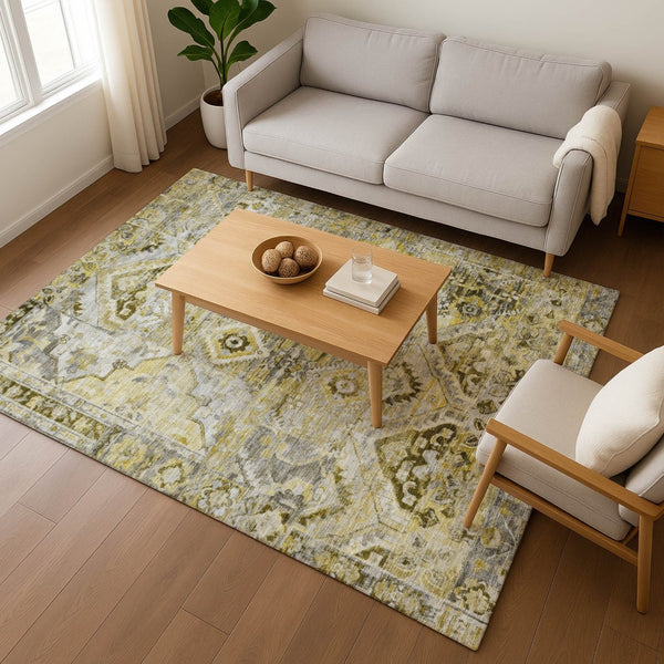 HomeRoots 5' X 8' Elegant Pewter Gold Silver Floral Washable Area Rug with UV Protection & Stain Resistance 696460