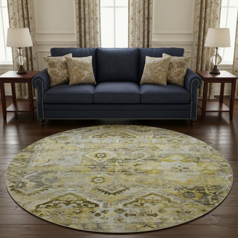 HomeRoots 8' Elegant Pewter Gold & Silver Floral Washable Round Rug with UV Protection for Everyday Durability 696461