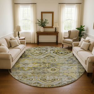 HomeRoots 8' Elegant Pewter Gold & Silver Floral Washable Round Rug with UV Protection for Everyday Durability 696461