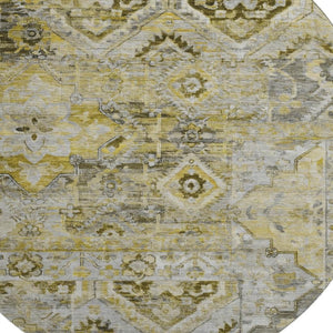 HomeRoots 8' Elegant Pewter Gold & Silver Floral Washable Round Rug with UV Protection for Everyday Durability 696461