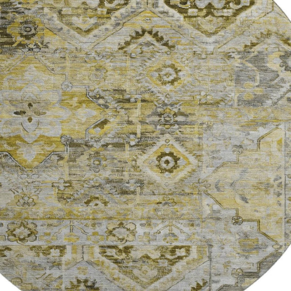 HomeRoots 8' Elegant Pewter Gold & Silver Floral Washable Round Rug with UV Protection for Everyday Durability 696461