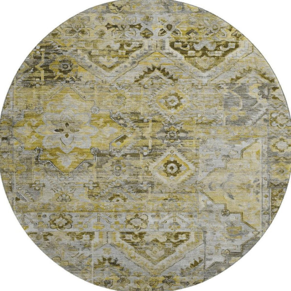 HomeRoots 8' Elegant Pewter Gold & Silver Floral Washable Round Rug with UV Protection for Everyday Durability 696461