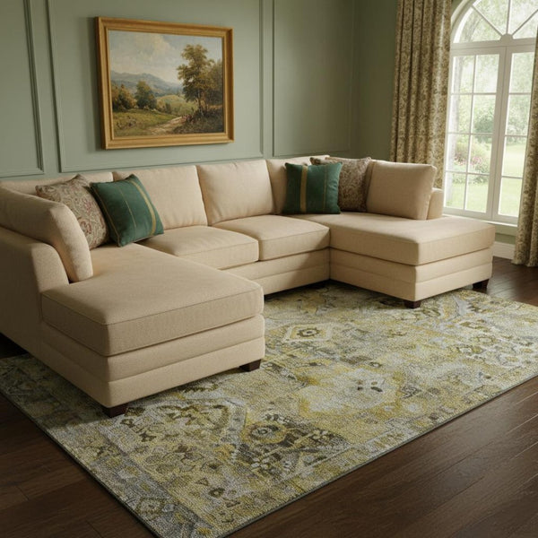 HomeRoots 8' X 10' Elegant Floral Area Rug in Pewter, Gold, and Silver – Washable, UV Protected, Durable Design 696462
