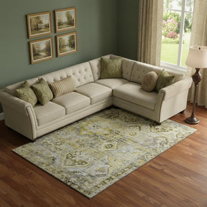 HomeRoots 9' X 12' Elegant Floral Area Rug in Pewter, Gold & Silver – Washable, UV-Protected, Stain-Resistant! 696463