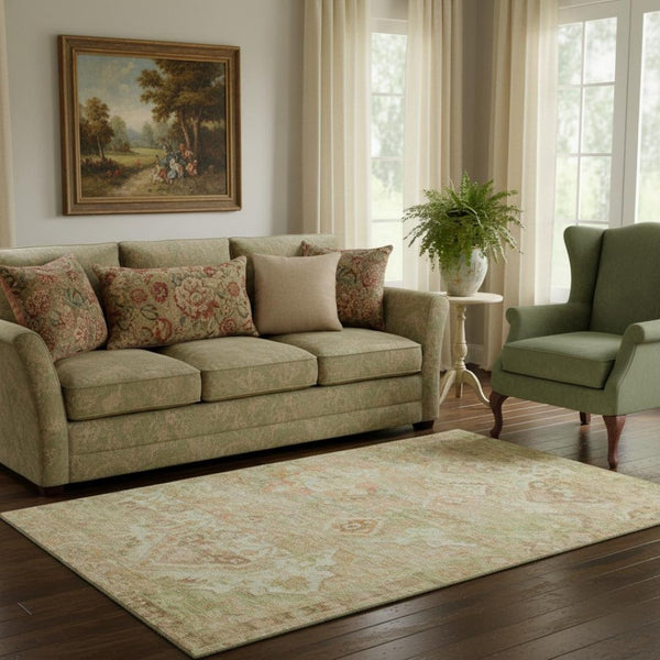 HomeRoots 5' X 8' Salmon Beige & Coral Floral Area Rug - Soft, Stain-Resistant with UV Protection & Non-Slip Backing 696466