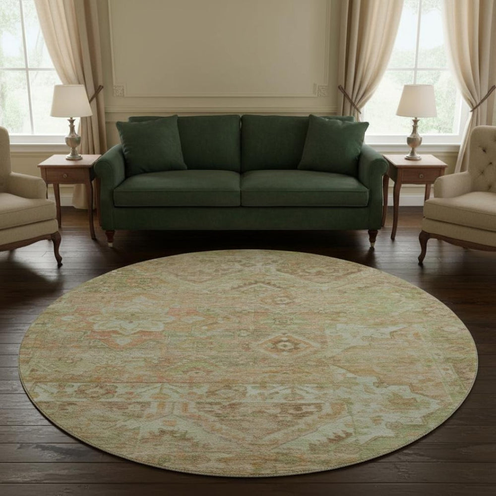 HomeRoots 8' Salmon Beige Coral Floral Washable Round Rug - UV Protected, Stain Resistant, Non-Slip Comfort 696467