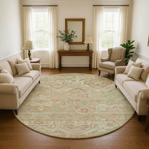 HomeRoots 8' Salmon Beige Coral Floral Washable Round Rug - UV Protected, Stain Resistant, Non-Slip Comfort 696467