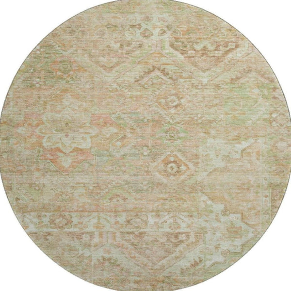 HomeRoots 8' Salmon Beige Coral Floral Washable Round Rug - UV Protected, Stain Resistant, Non-Slip Comfort 696467