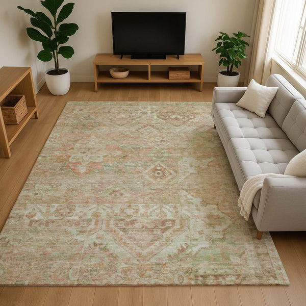 HomeRoots 9' X 12' Salmon Beige & Coral Floral Area Rug - Washable, UV-Protected, Stain-Resistant Beauty! 696469