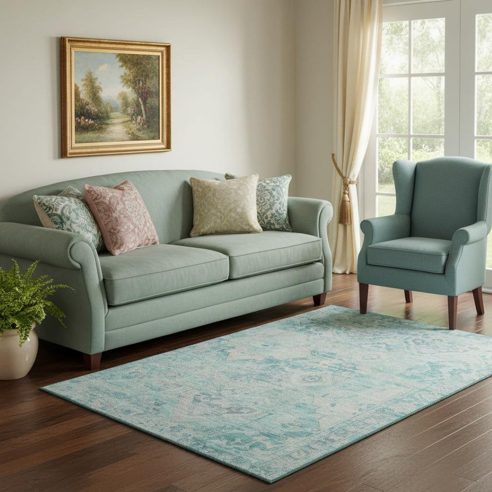 HomeRoots 5' X 8' Teal Pink Gray Floral Washable Area Rug with UV Protection for High-Traffic Spaces & Homes 696472