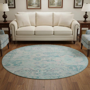 HomeRoots 8' Teal Pink and Gray Floral Washable Round Rug - UV Protected, Stain-Resistant, Non-Slip Design 696473