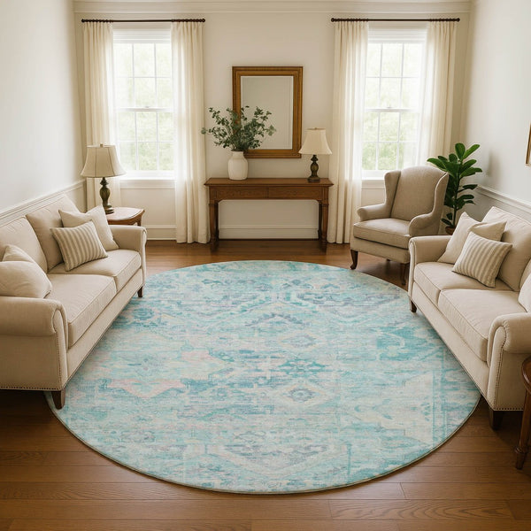 HomeRoots 8' Teal Pink and Gray Floral Washable Round Rug - UV Protected, Stain-Resistant, Non-Slip Design 696473