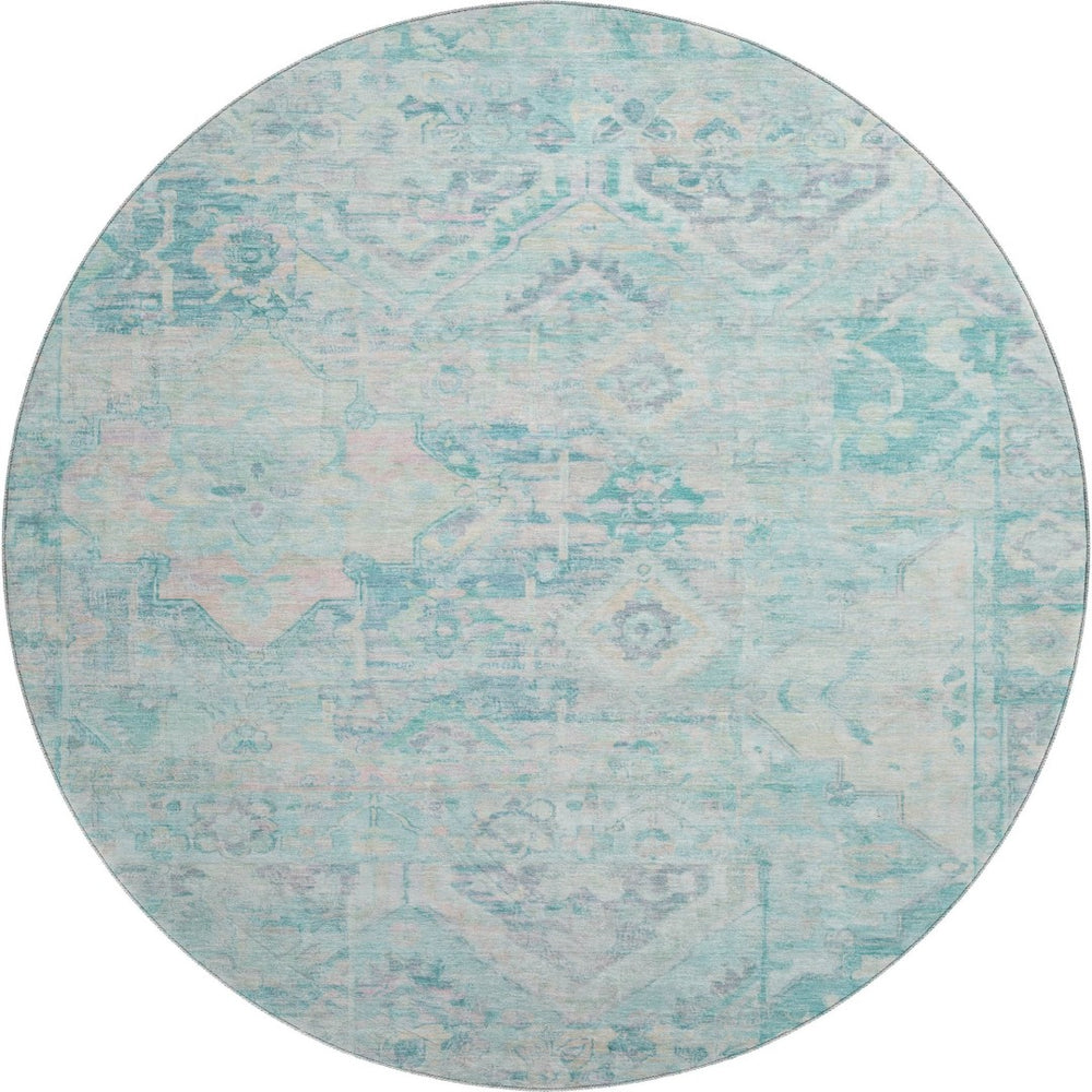 HomeRoots 8' Teal Pink and Gray Floral Washable Round Rug - UV Protected, Stain-Resistant, Non-Slip Design 696473
