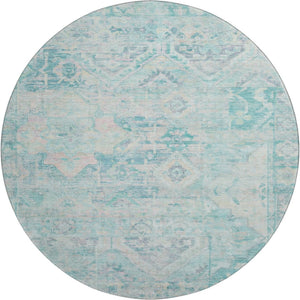 HomeRoots 8' Teal Pink and Gray Floral Washable Round Rug - UV Protected, Stain-Resistant, Non-Slip Design 696473