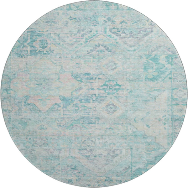 HomeRoots 8' Teal Pink and Gray Floral Washable Round Rug - UV Protected, Stain-Resistant, Non-Slip Design 696473