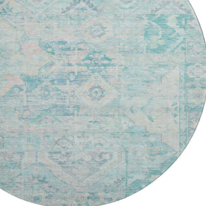 HomeRoots 8' Teal Pink and Gray Floral Washable Round Rug - UV Protected, Stain-Resistant, Non-Slip Design 696473