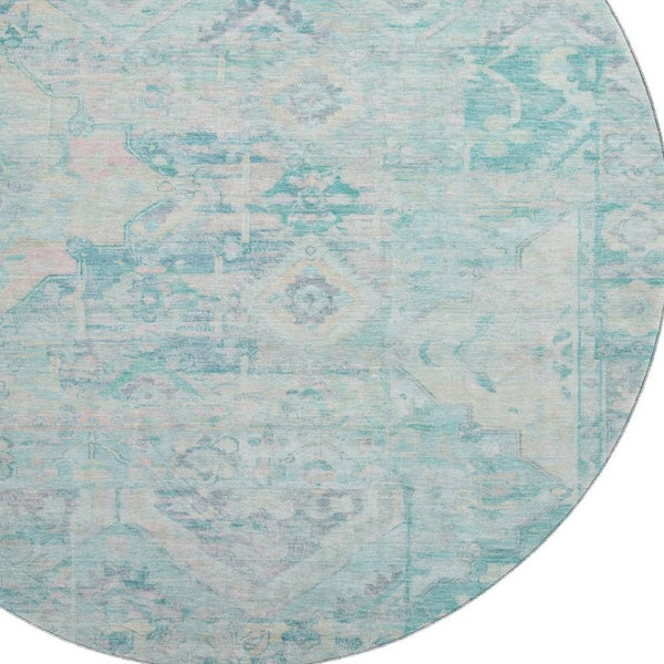 HomeRoots 8' Teal Pink and Gray Floral Washable Round Rug - UV Protected, Stain-Resistant, Non-Slip Design 696473