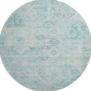 HomeRoots 8' Teal Pink and Gray Floral Washable Round Rug - UV Protected, Stain-Resistant, Non-Slip Design 696473