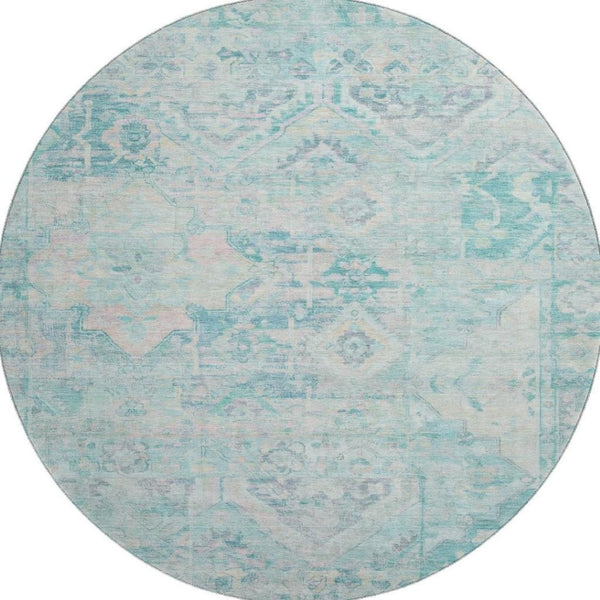 HomeRoots 8' Teal Pink and Gray Floral Washable Round Rug - UV Protected, Stain-Resistant, Non-Slip Design 696473