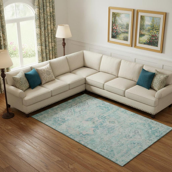 HomeRoots 9' X 12' Washable Floral Area Rug in Teal, Pink & Gray - UV Protected, Stain Resistant, Non-Slip Design 696475