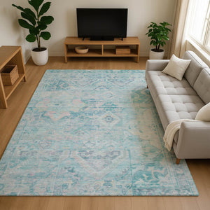 HomeRoots 9' X 12' Washable Floral Area Rug in Teal, Pink & Gray - UV Protected, Stain Resistant, Non-Slip Design 696475