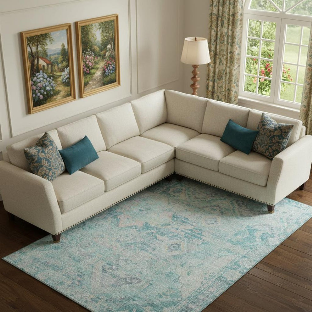 HomeRoots 10' Washable Teal Pink Gray Floral Area Rug - Durable, Stain-Resistant, UV Protected for Homes 696476