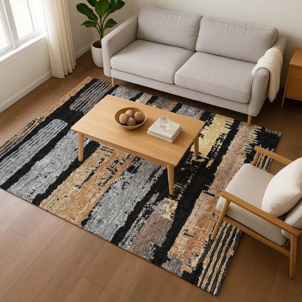 HomeRoots 5' X 8' Stylish Black Copper Gold Striped Washable Area Rug with UV Protection for High Traffic Homes 696478
