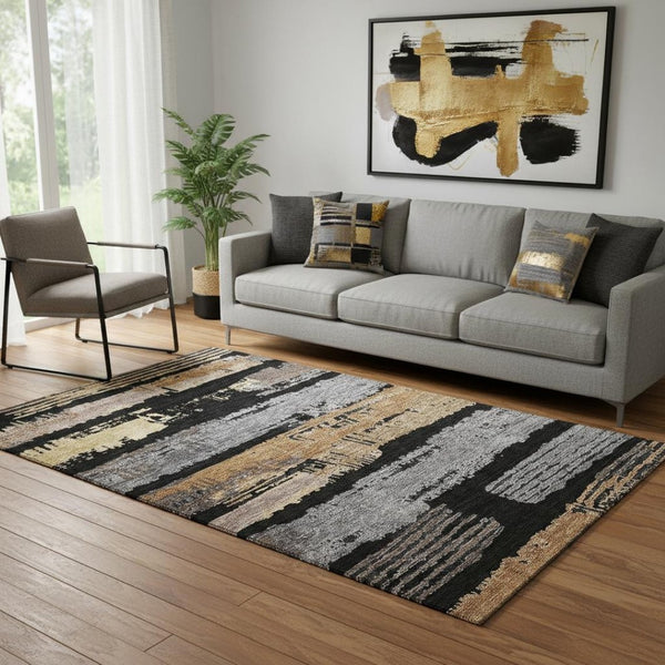 HomeRoots 5' X 8' Stylish Black Copper Gold Striped Washable Area Rug with UV Protection for High Traffic Homes 696478