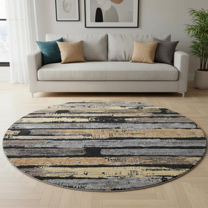 HomeRoots 8' Black Copper and Gold Striped Round Rug - Washable, UV Protected, Stylish, Durable, and Easy Care! 696479
